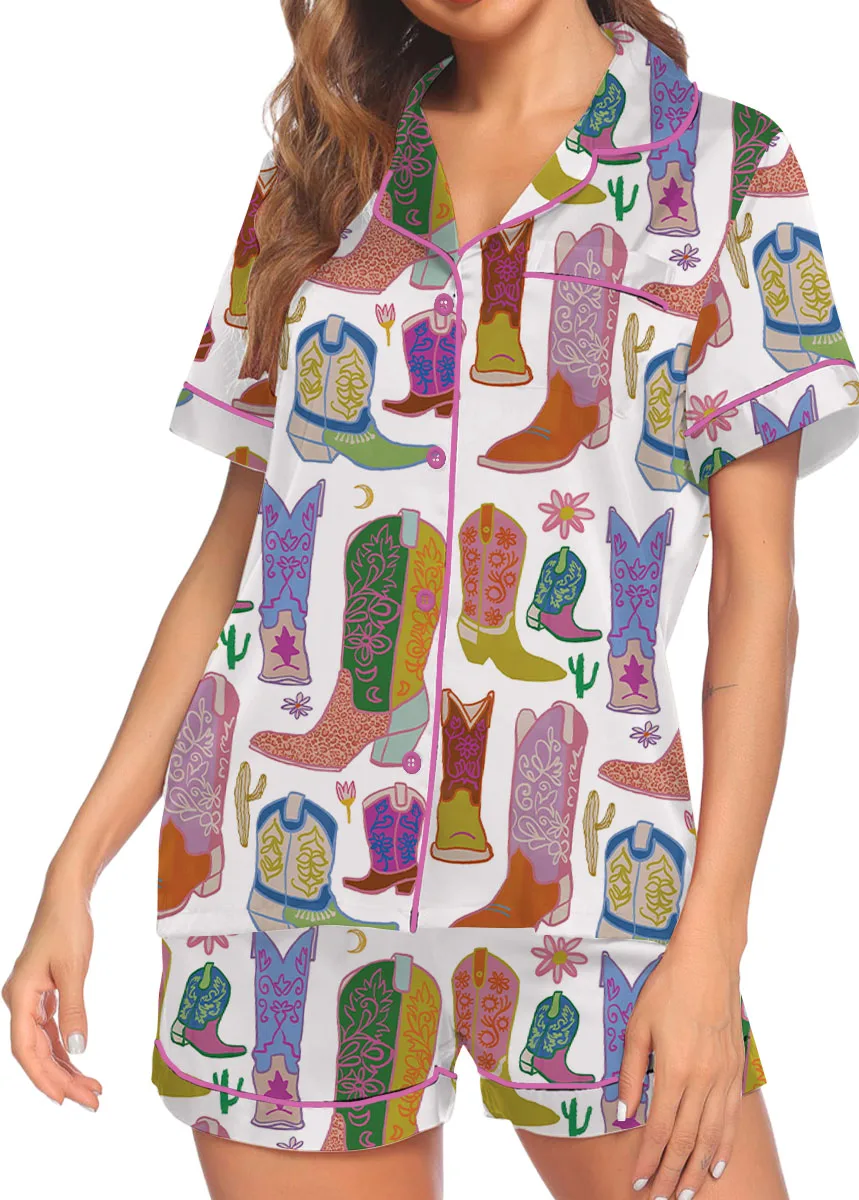 Women’s Boho Cowboy Boots Satin Pajama Set, White Color, US Size S-5XL - Image 3