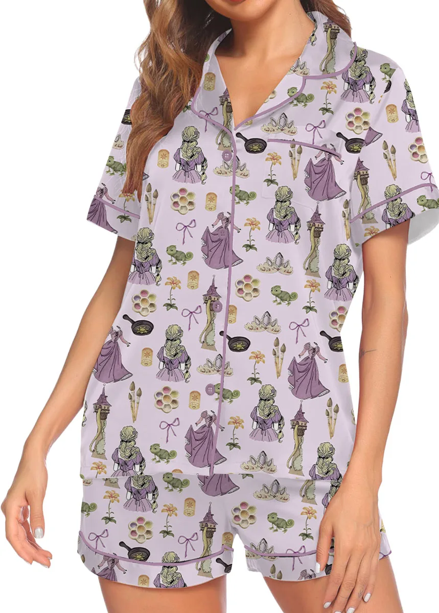 Women's Princesses Back View Pajamas Set For Women, Pastel Lilac Pink Color, US Size S-5XL - Image 2