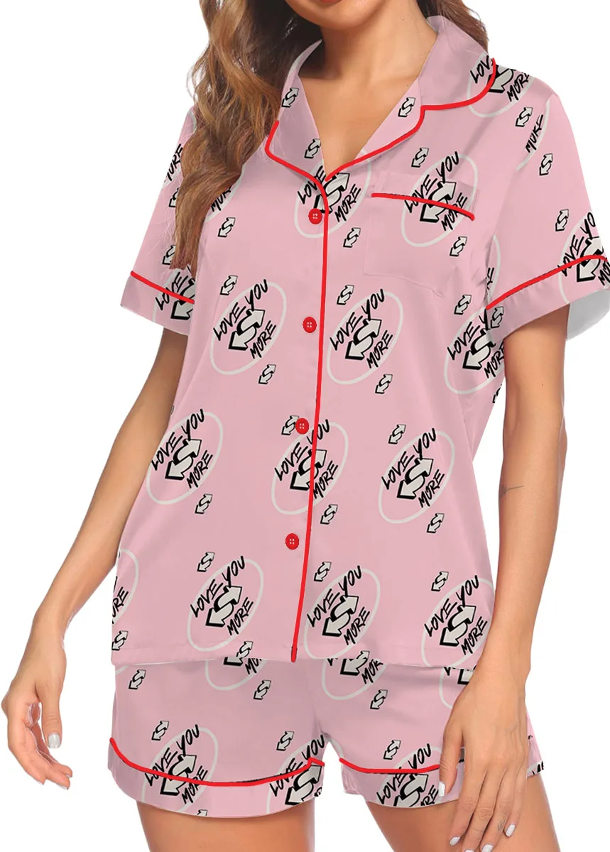 Love You More Pink Color Satin Pajama Set For Women