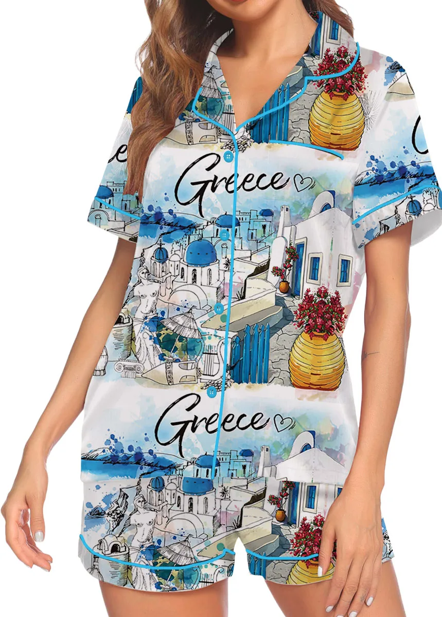 Women's Europe Travel Greece Pajamas Set For Women, White Color, US Size S-5XL - Image 4