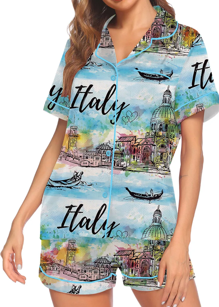 Women's Italy Souvenirs Travel Essentials Pajamas Set For Women, Pastel Blue Color, US Size S-5XL - Image 2