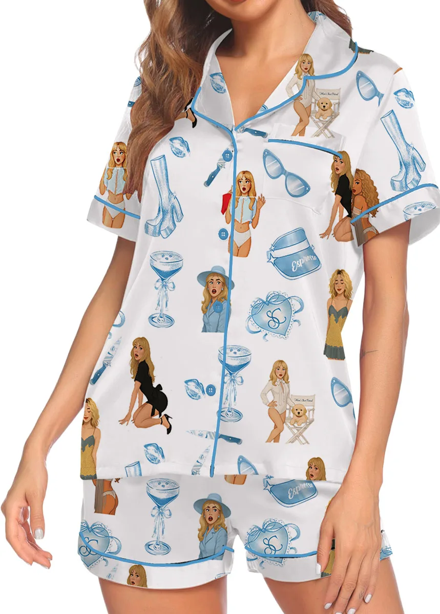 Women’s Espresso SC Satin Pajamas Set For Women, White Color, US Size S-5XL - Image 3