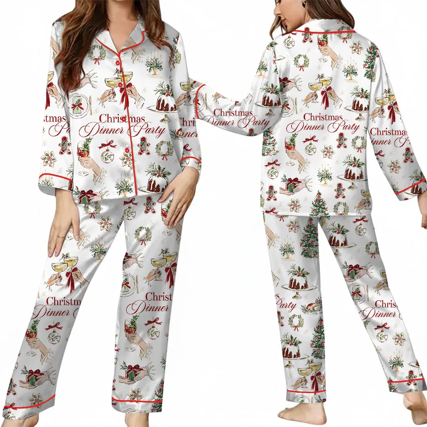 Christmas Dinner Party Satin Pajamas Set For Women