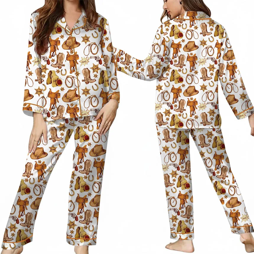 Western Cowboy Print Sleepwear Satin Pajamas Set For Women - Image 8