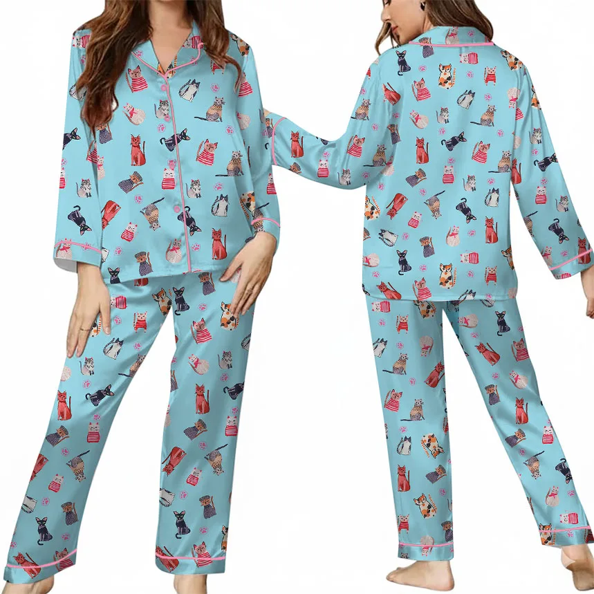 Cute Katzen Satin Pajamas Set For Women - Image 9