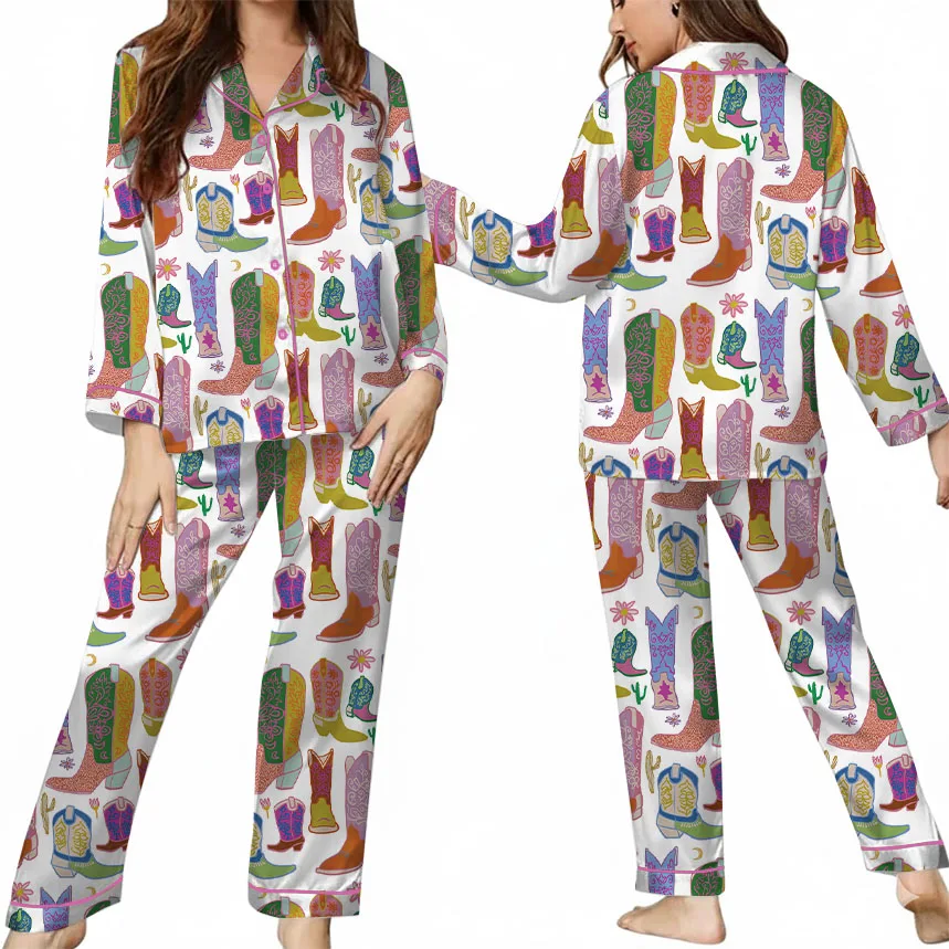 Women’s Boho Cowboy Boots Satin Pajama Set, White Color, US Size S-5XL - Image 7