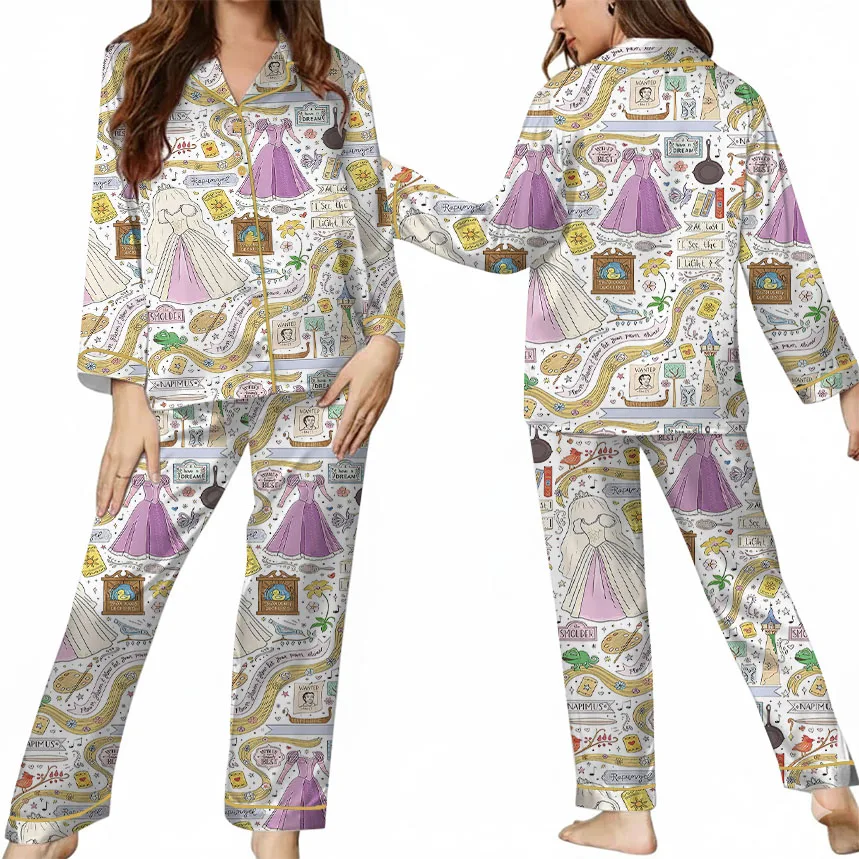 Women's Long Hair Princess Satin Pajamas Set For Women, White Color, US Size S-5XL - Image 9