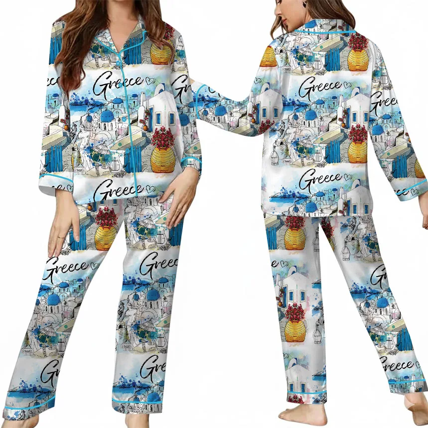 Women's Europe Travel Greece Pajamas Set For Women, White Color, US Size S-5XL - Image 9