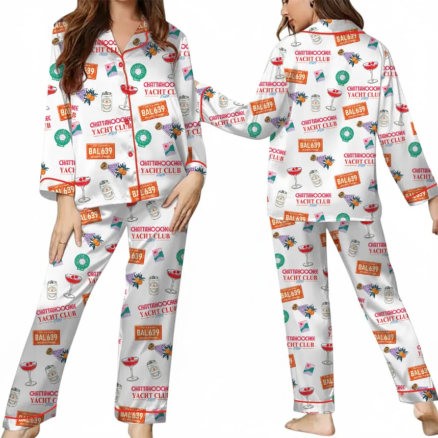 Women’s Chattahoochee Yacht Club Satin Pajamas Set For Women, White Color, US Size S-5XL - Image 8