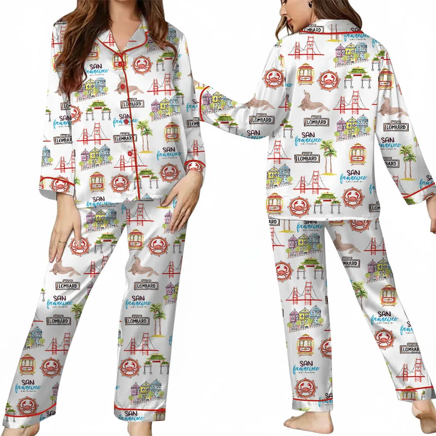 Women’s San Francisco Satin Pajamas Set, White Color, US Size S-5XL - Image 9