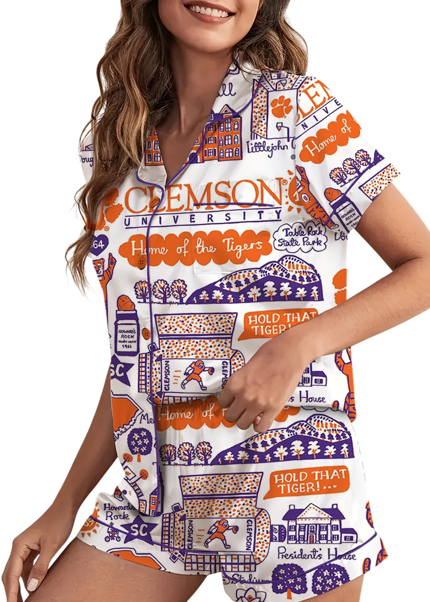Clemson Tigers Hand Sketched Satin Pajamas Set For Women - Image 6
