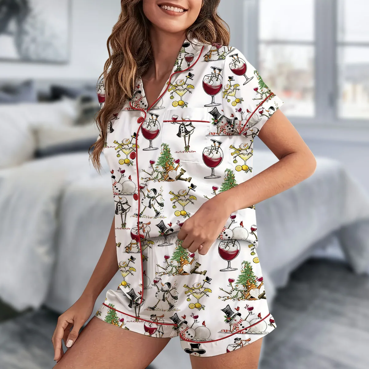 Women's Winey Snowman Satin Pajama Set For Women