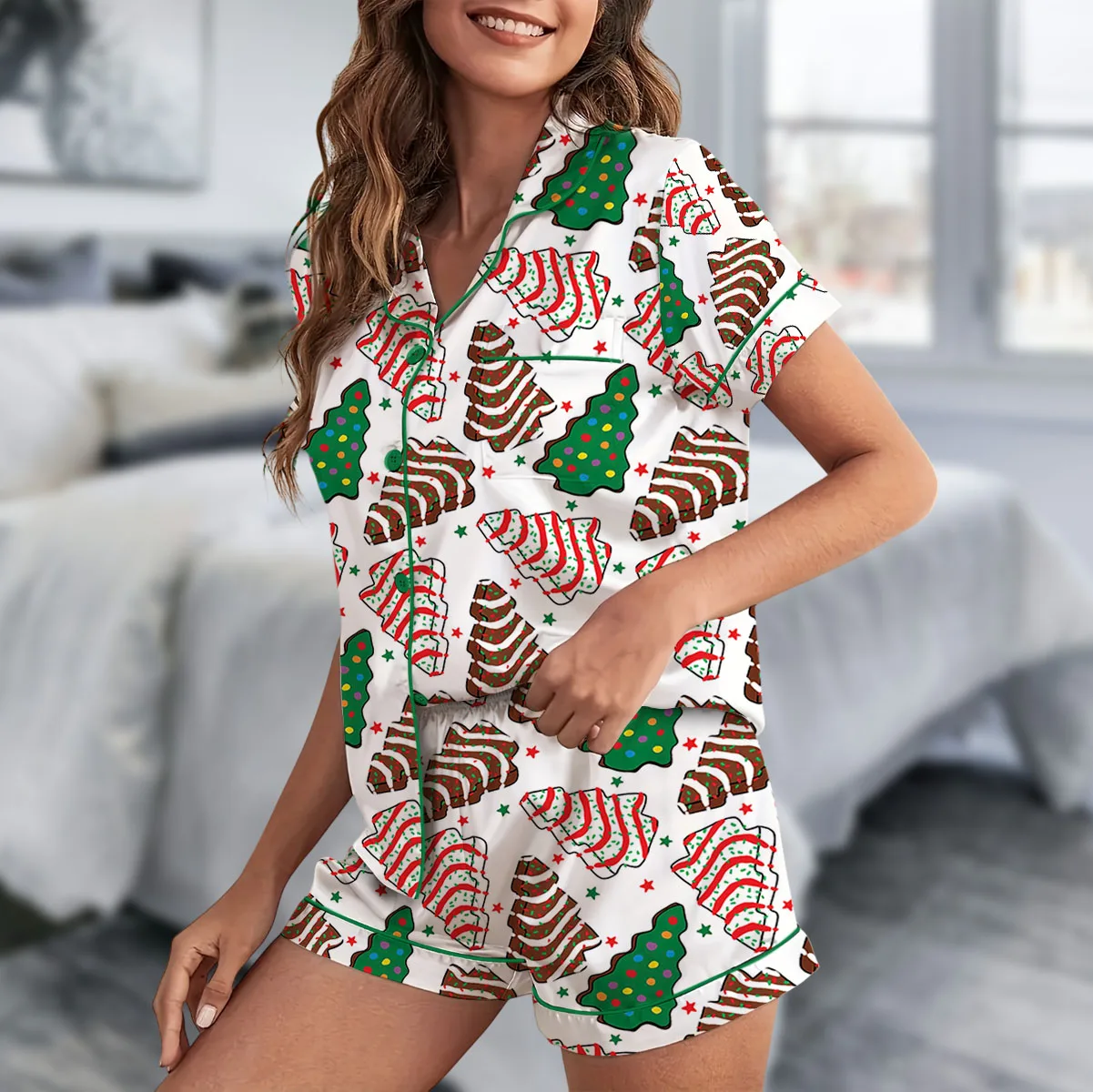 Women's Christmas Tree Cake Satin Pajama Set For Women - Image 8