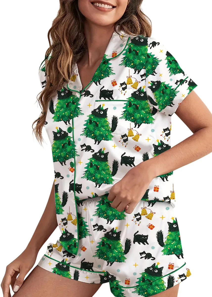 Merry Christmas Tree Black Cat Satin Pajamas Set For Women