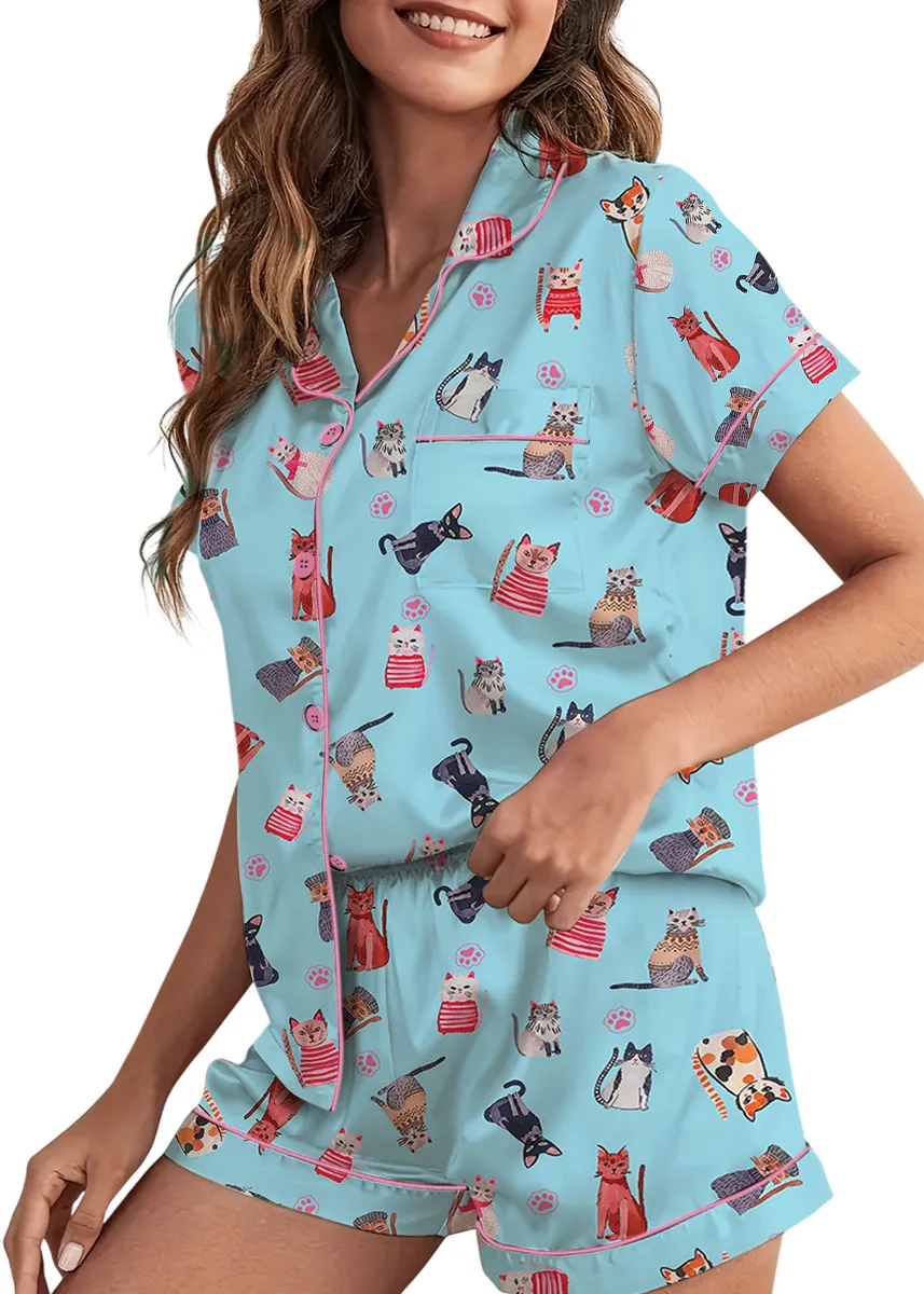 Cute Katzen Satin Pajamas Set For Women - Image 4