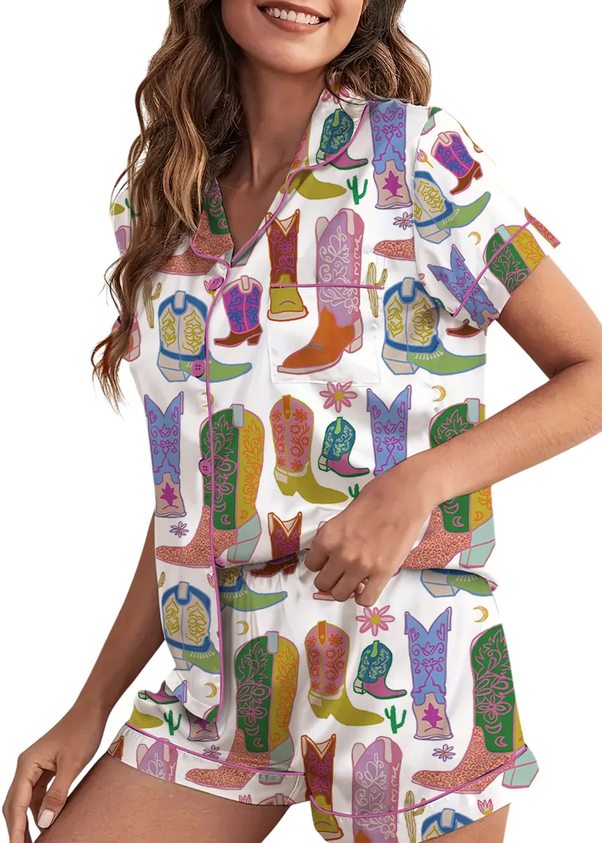 Women’s Boho Cowboy Boots Satin Pajama Set, White Color, US Size S-5XL - Image 2