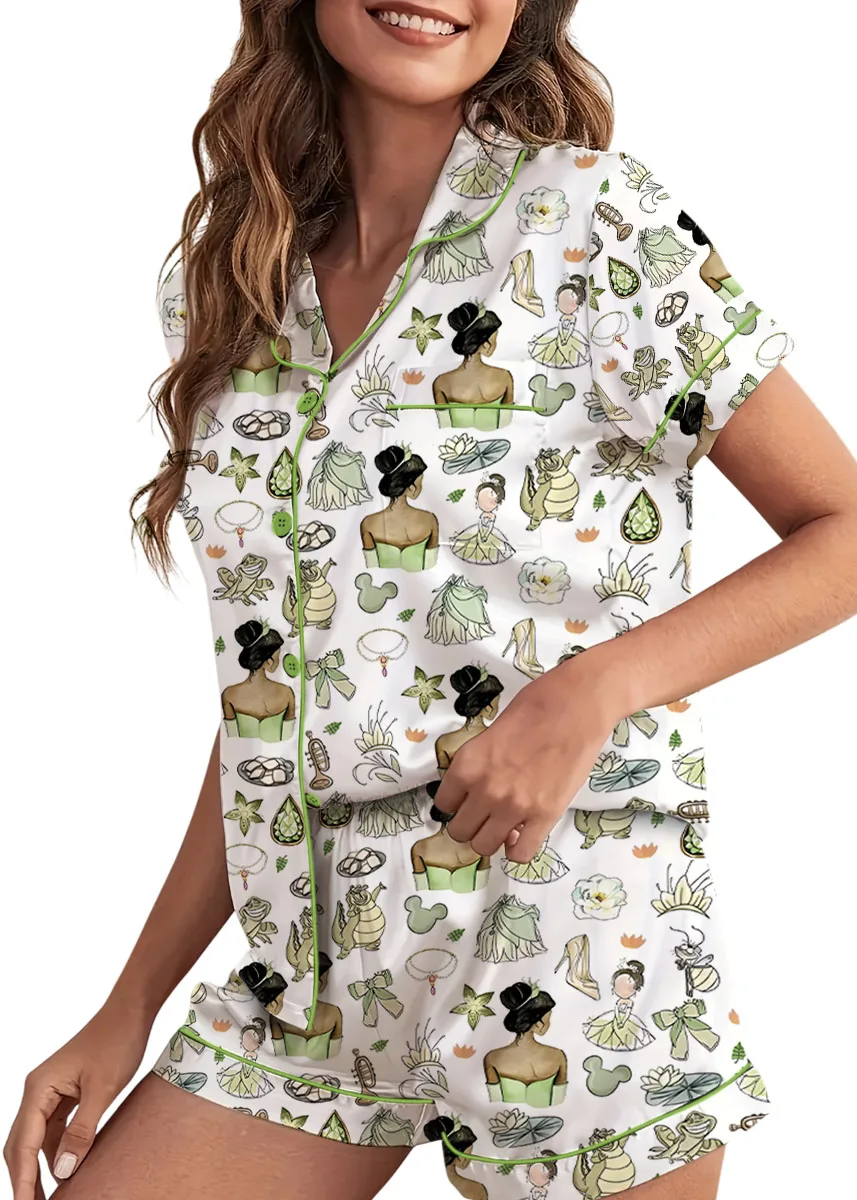 Women’s Princess And The Frog Satin Pajamas Set, White Color, US Size S-5XL - Image 2