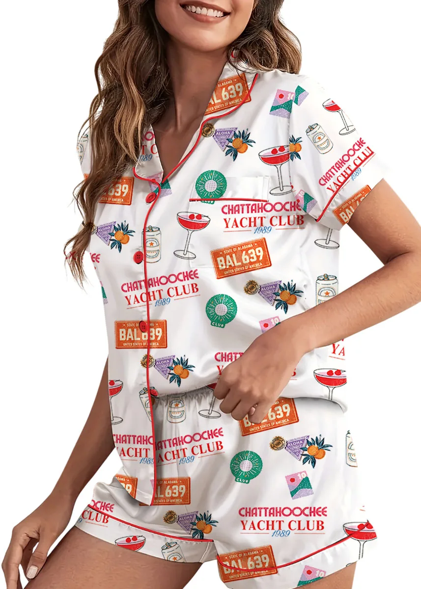 Women’s Chattahoochee Yacht Club Satin Pajamas Set For Women, White Color, US Size S-5XL - Image 4