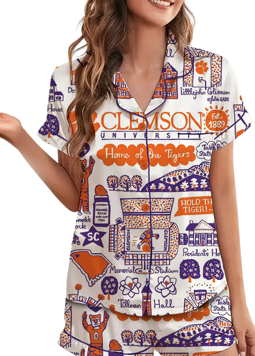 Clemson Tigers Hand Sketched Satin Pajamas Set For Women - Image 5