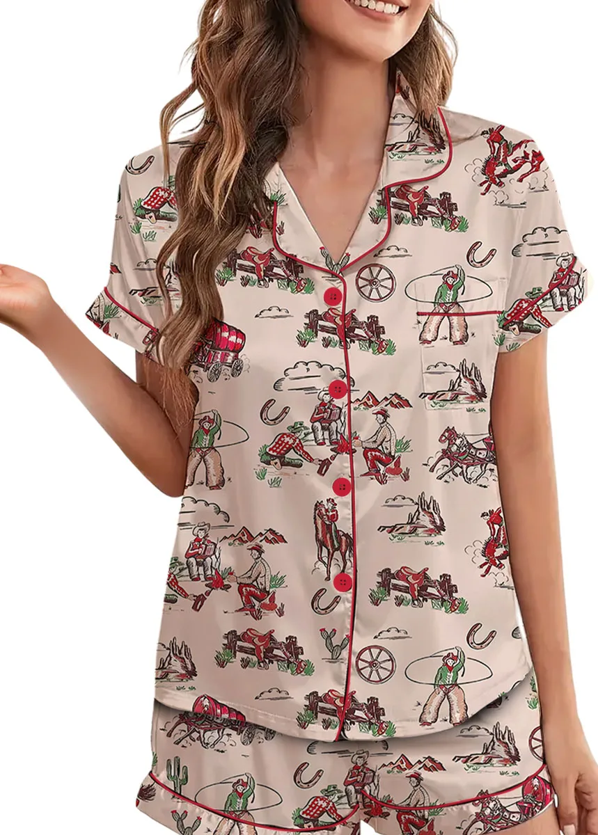 Women's Retro Cowgirl Western Satin Pajamas Set For Women - Image 2
