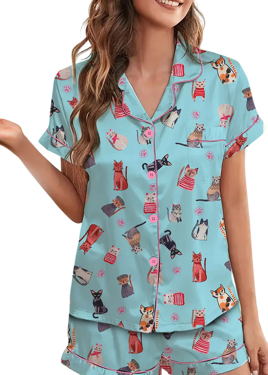 Cute Katzen Satin Pajamas Set For Women - Image 3