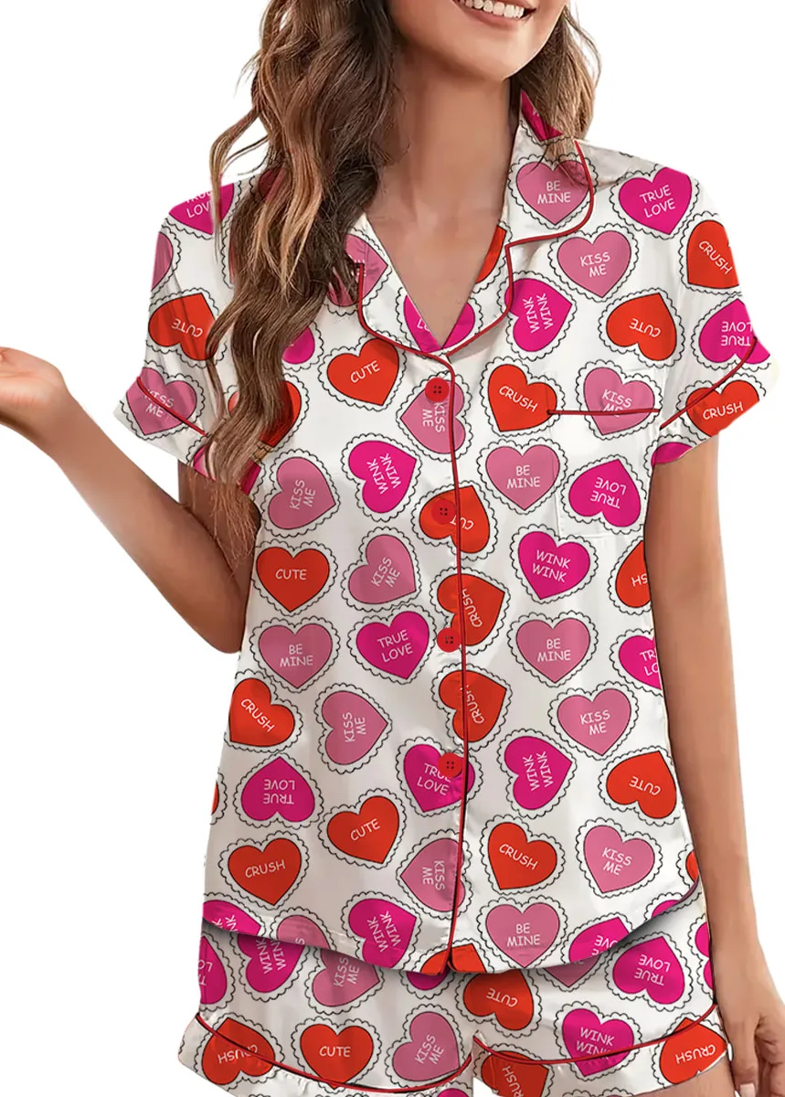 Valentine Day's Heart Shape Satin Pajama Set For Women