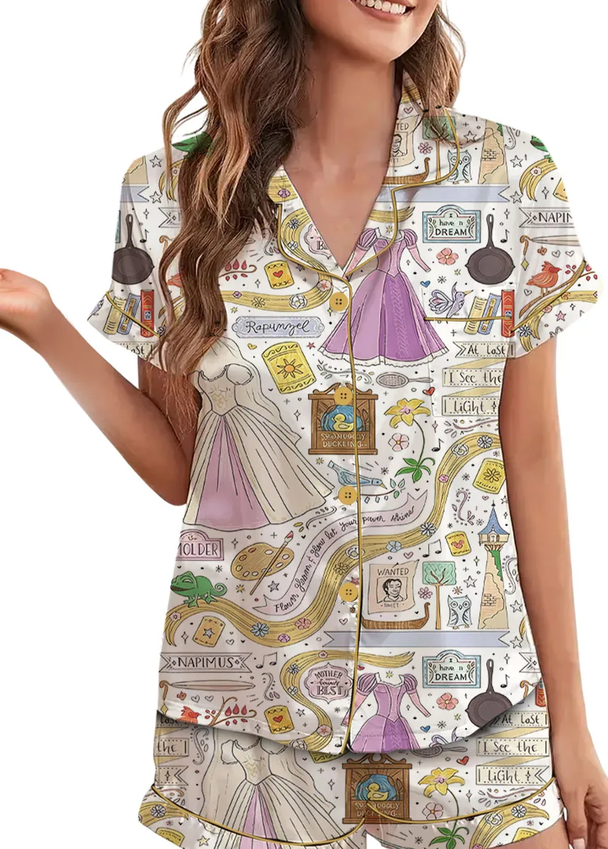 Women's Long Hair Princess Satin Pajamas Set For Women, White Color, US Size S-5XL - Image 2