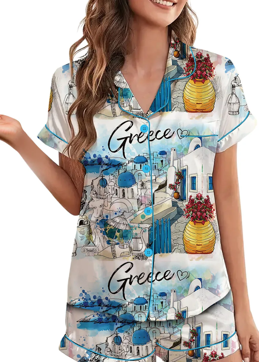 Women's Europe Travel Greece Pajamas Set For Women, White Color, US Size S-5XL - Image 3
