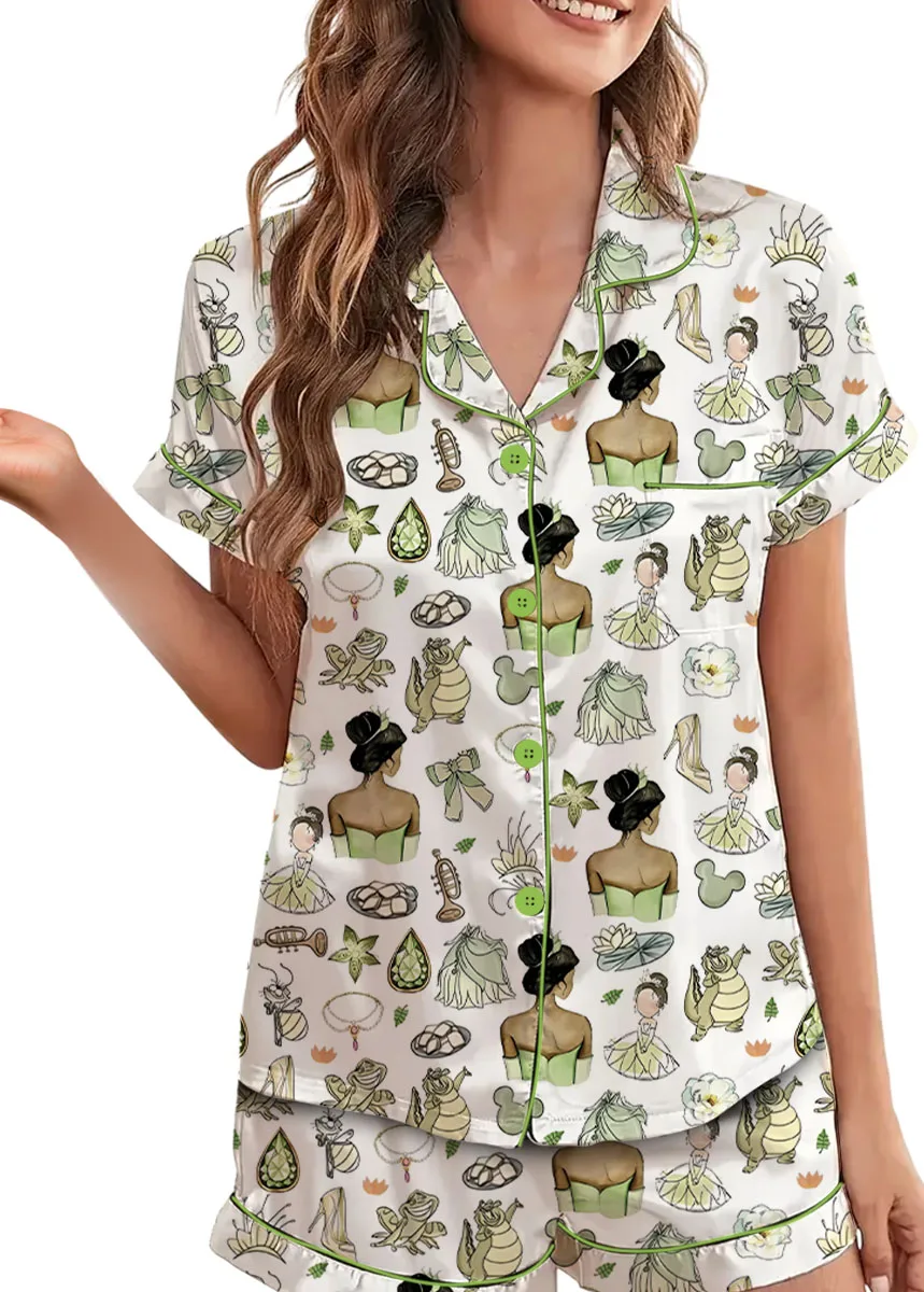 Women’s Princess And The Frog Satin Pajamas Set, White Color, US Size S-5XL - Image 3