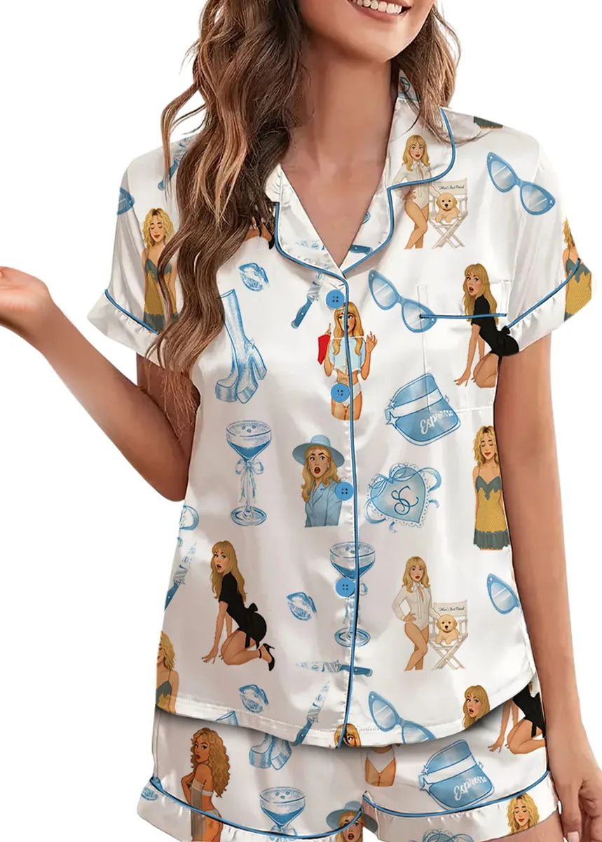 Women’s Espresso SC Satin Pajamas Set For Women, White Color, US Size S-5XL - Image 6