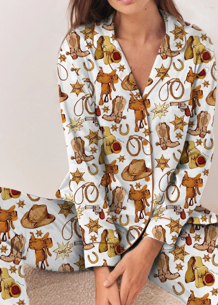 Western Cowboy Print Sleepwear Satin Pajamas Set For Women - Image 9