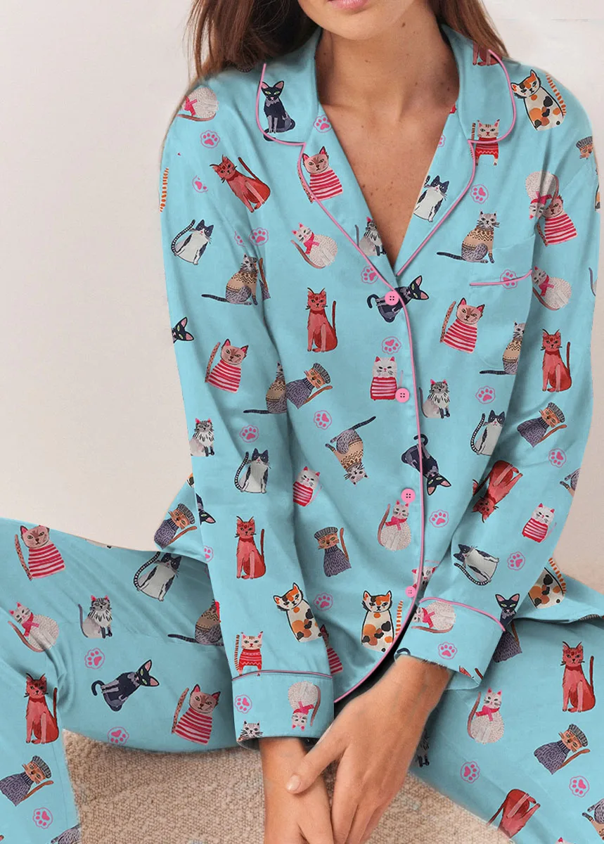 Cute Katzen Satin Pajamas Set For Women - Image 8