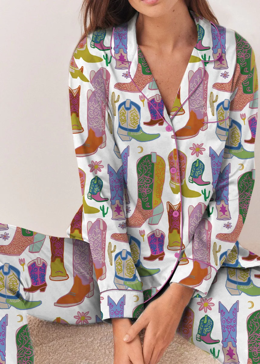 Women’s Boho Cowboy Boots Satin Pajama Set, White Color, US Size S-5XL - Image 9