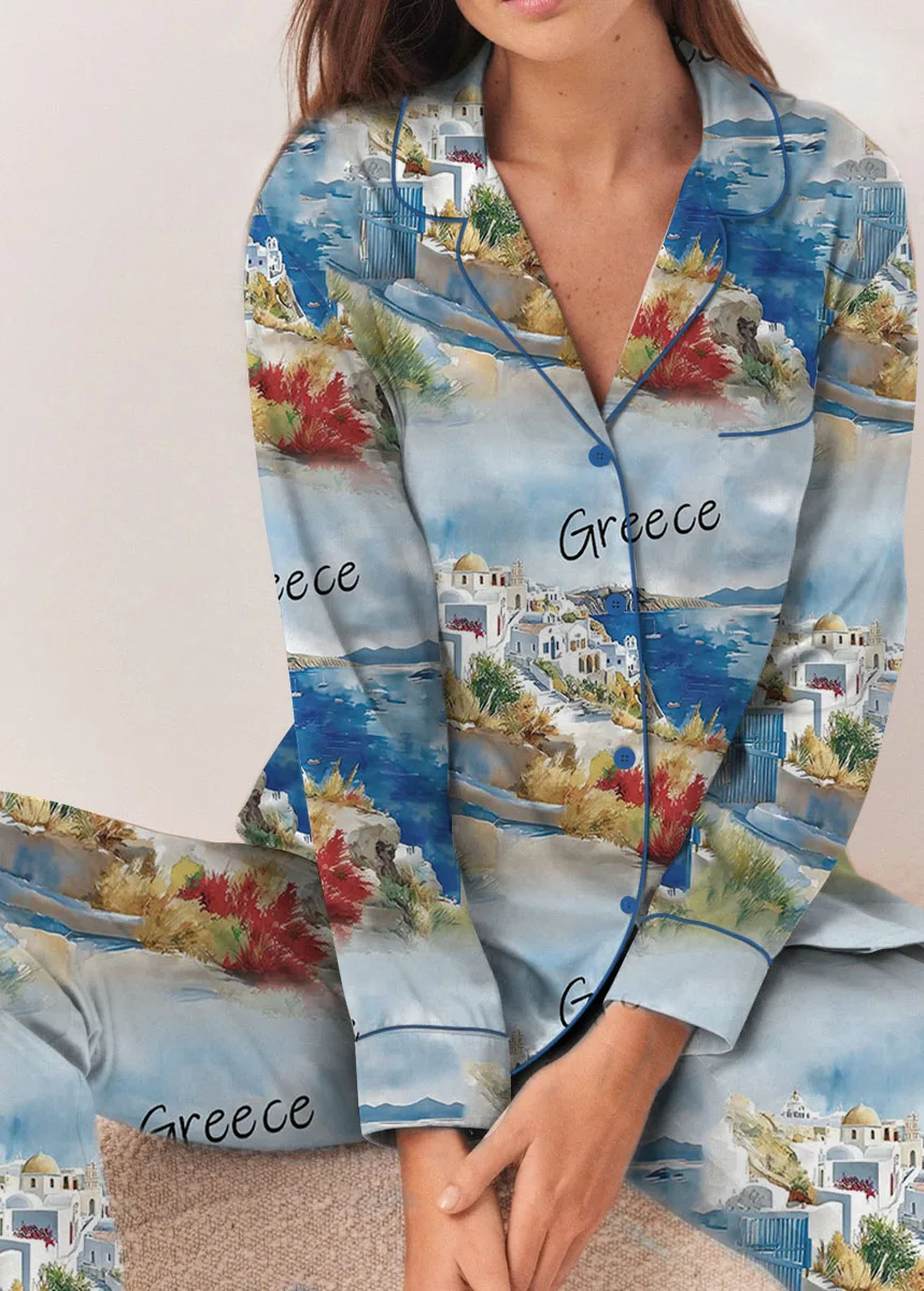 Women's Europe Travel Greece Pajamas Set For Women, Pastel Blue Color, US Size S-5XL - Image 10