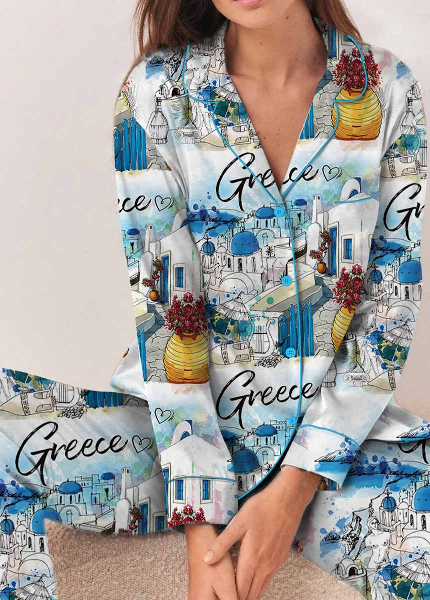 Women's Europe Travel Greece Pajamas Set For Women, White Color, US Size S-5XL - Image 10