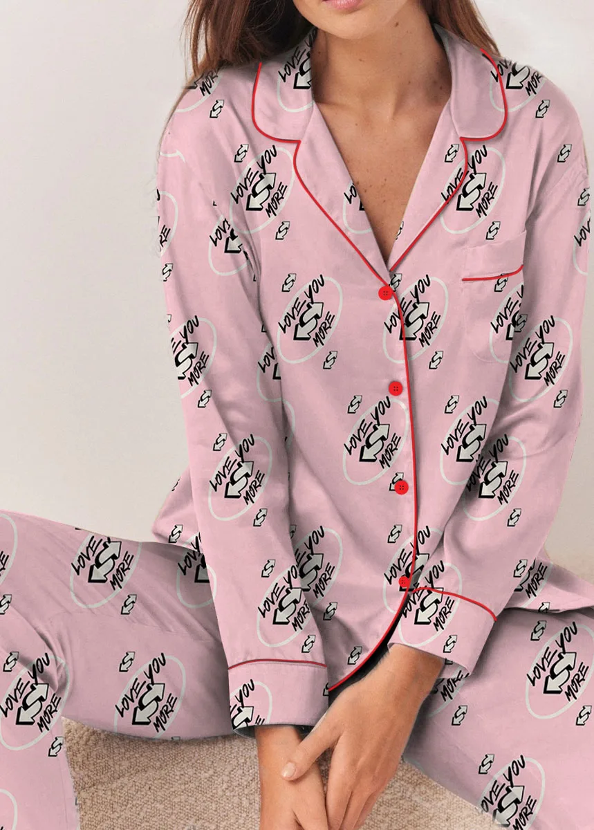 Love You More Pink Color Satin Pajama Set For Women