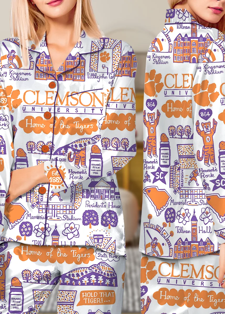 Clemson Tigers Hand Sketched Satin Pajamas Set For Women - Image 8