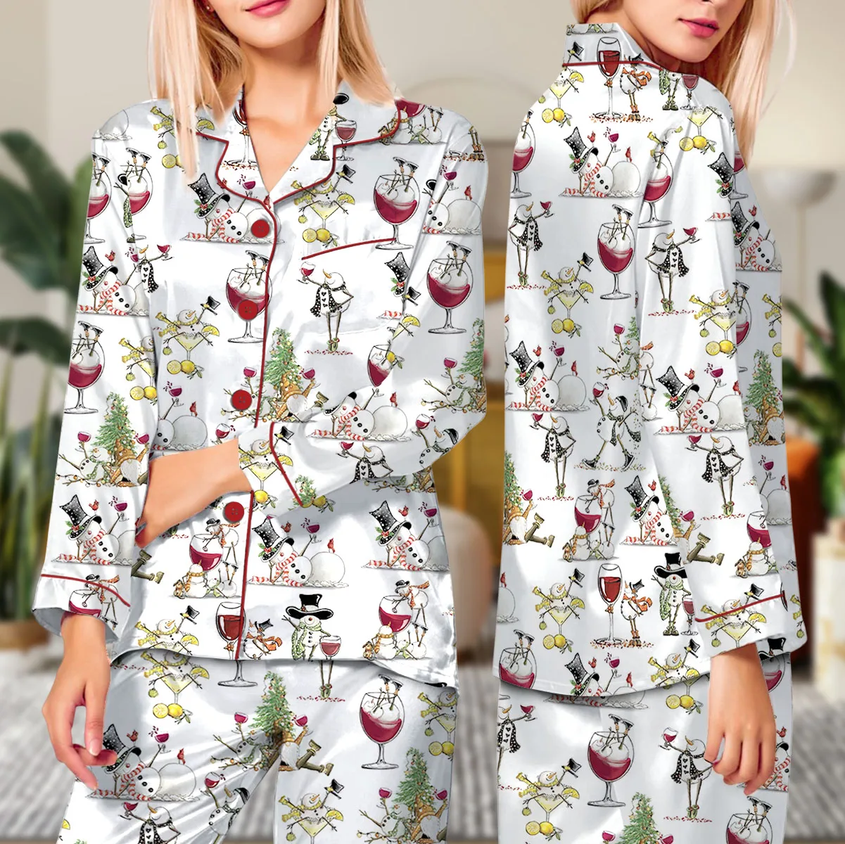 Women's Winey Snowman Satin Pajama Set For Women