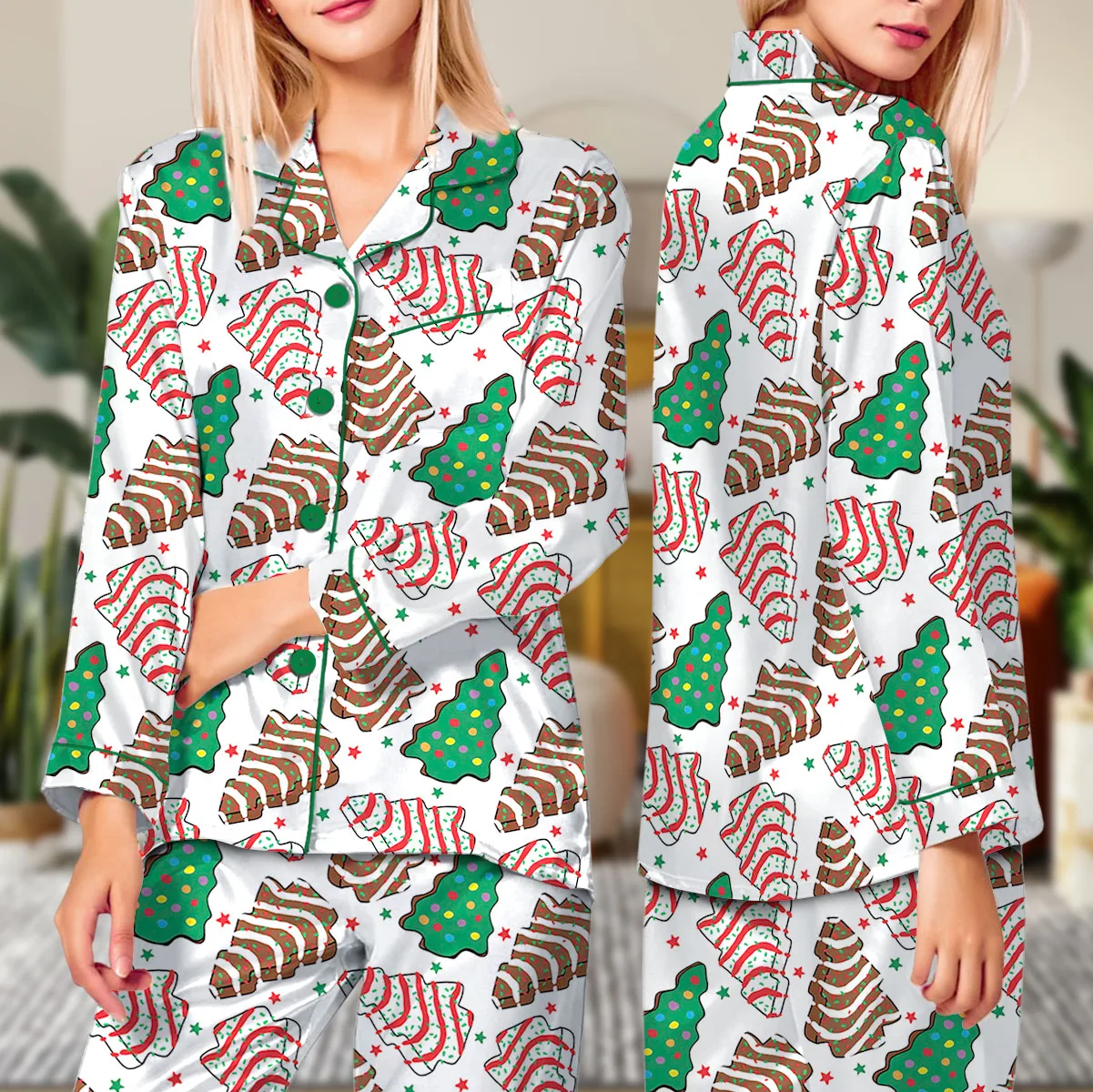 Women's Christmas Tree Cake Satin Pajama Set For Women - Image 2