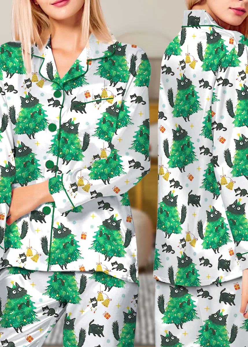 Merry Christmas Tree Black Cat Satin Pajamas Set For Women