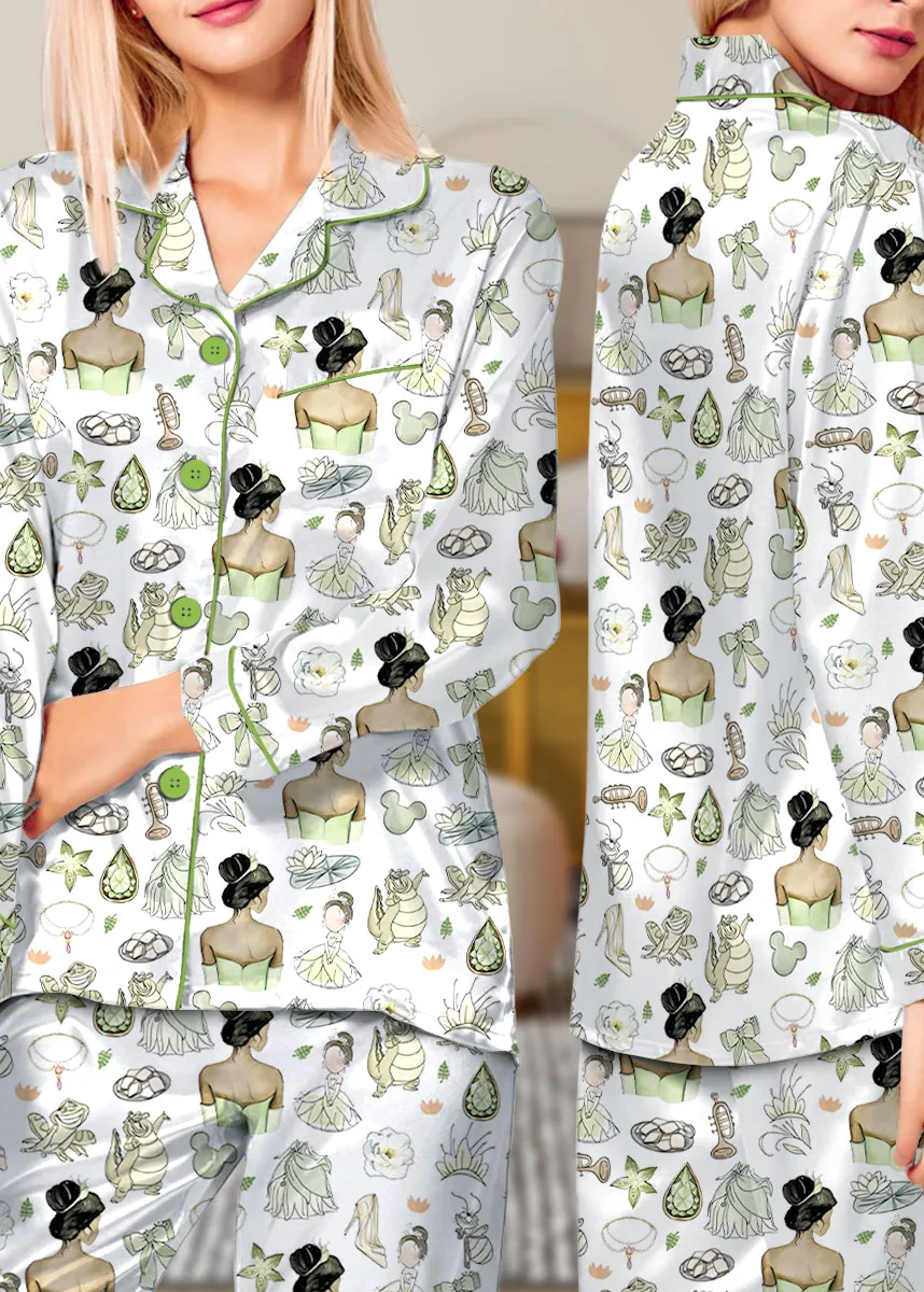 Women’s Princess And The Frog Satin Pajamas Set, White Color, US Size S-5XL - Image 12