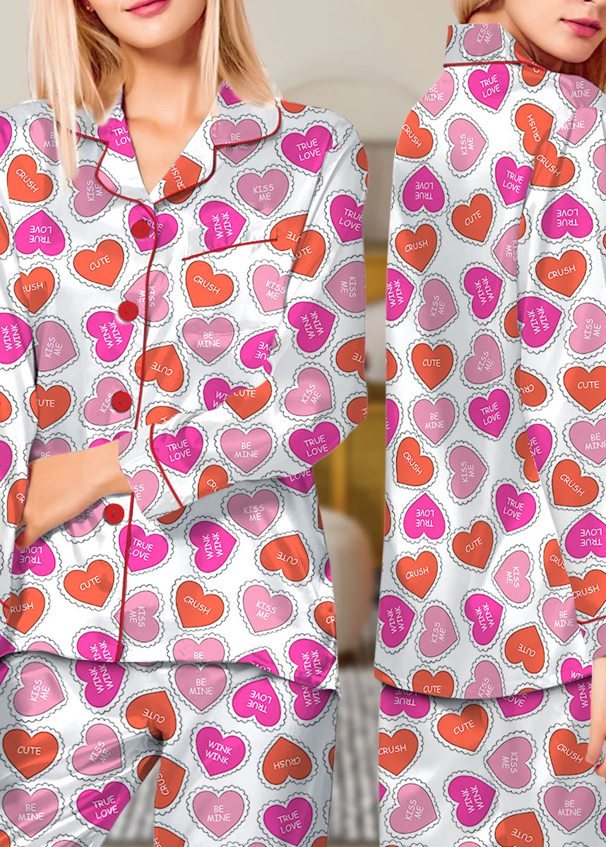 Valentine Day's Heart Shape Satin Pajama Set For Women