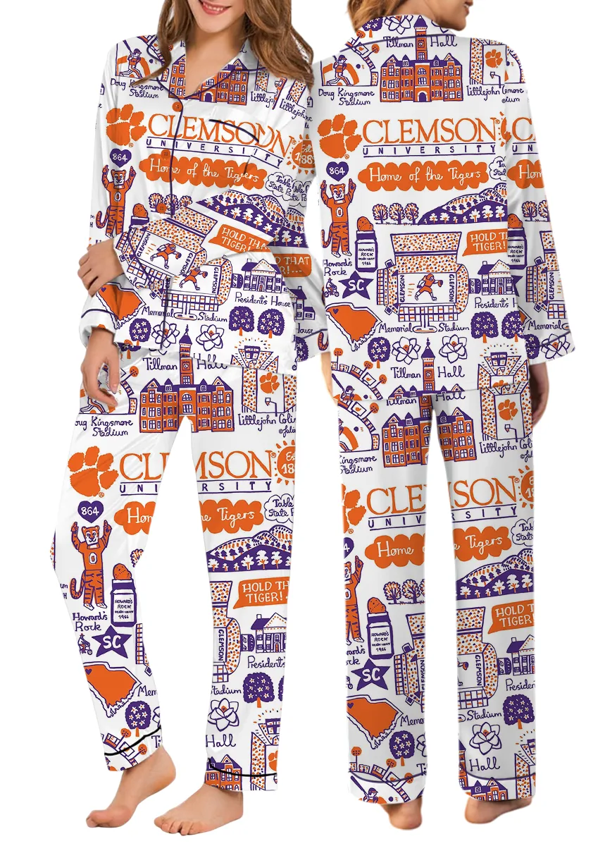 Clemson Tigers Hand Sketched Satin Pajamas Set For Women - Image 7