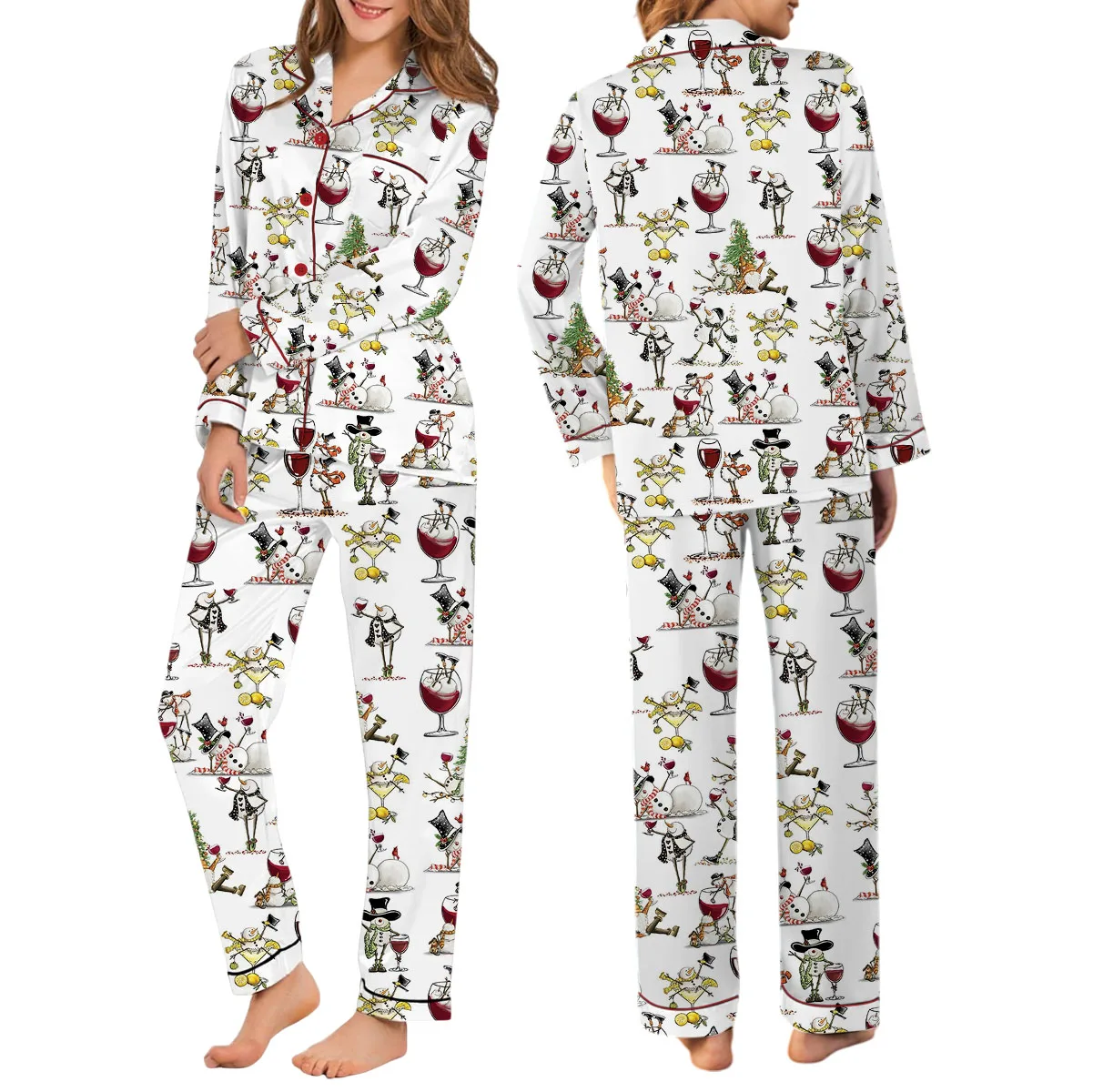 Women's Winey Snowman Satin Pajama Set For Women