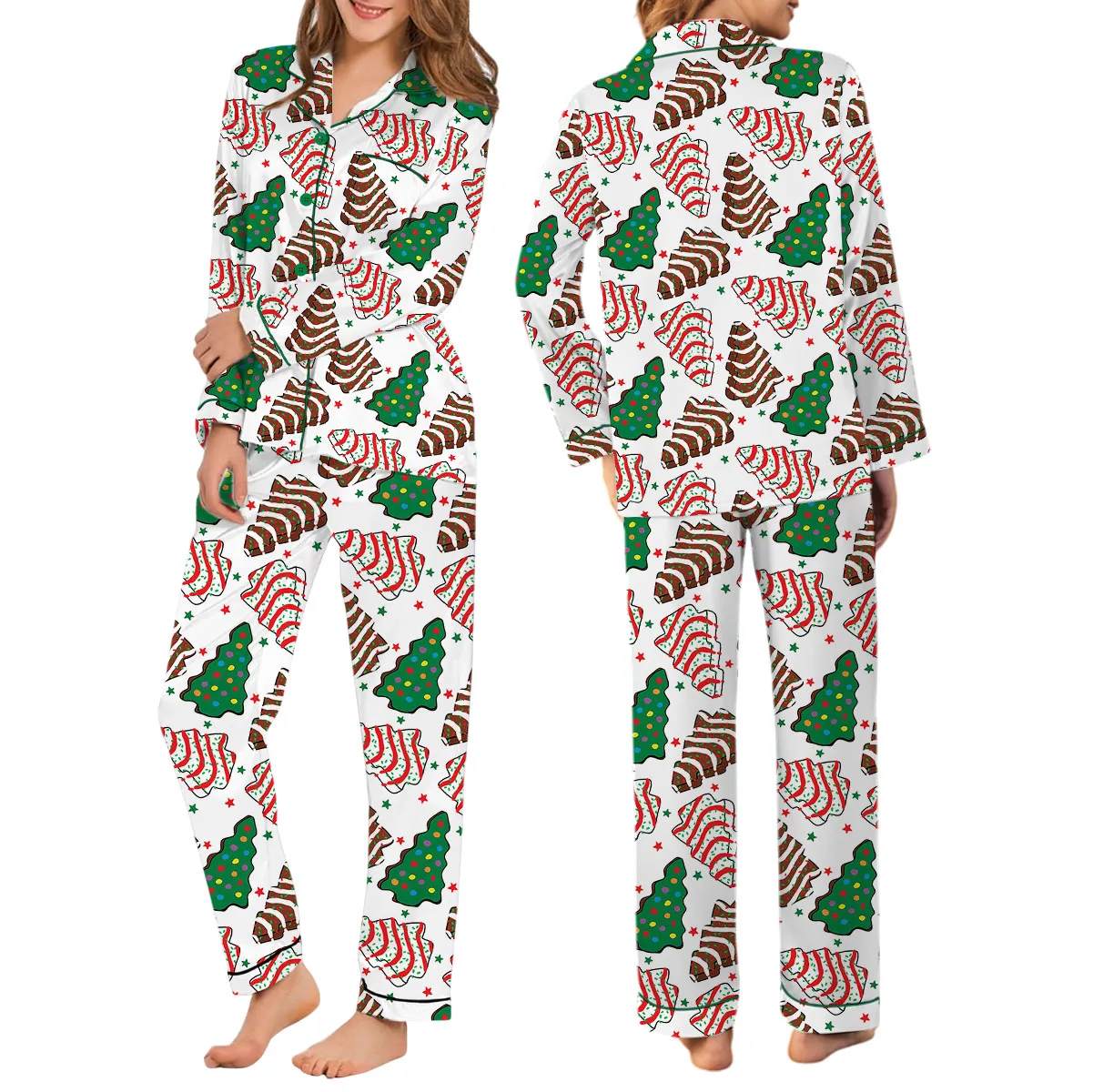 Women's Christmas Tree Cake Satin Pajama Set For Women - Image 3