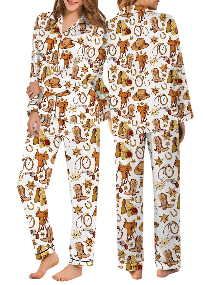 Western Cowboy Print Sleepwear Satin Pajamas Set For Women - Image 10