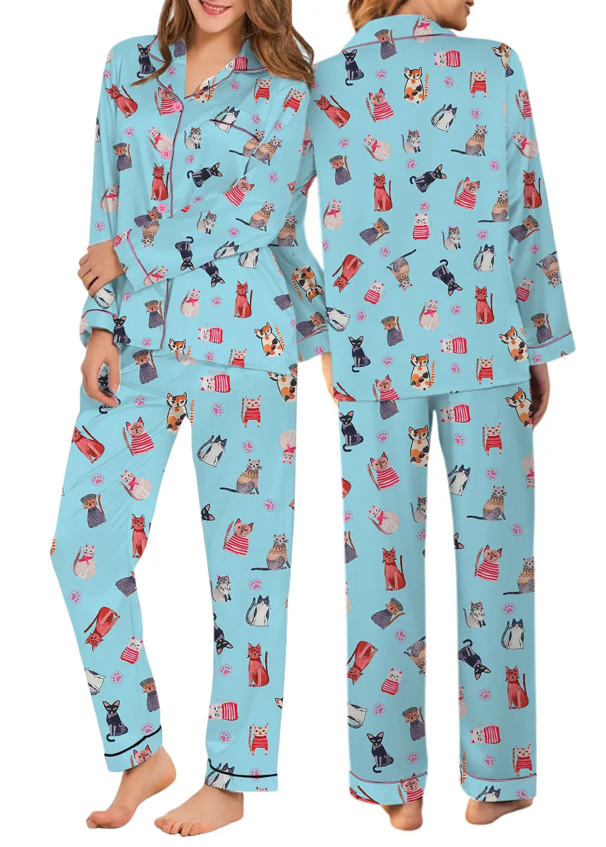 Cute Katzen Satin Pajamas Set For Women - Image 10