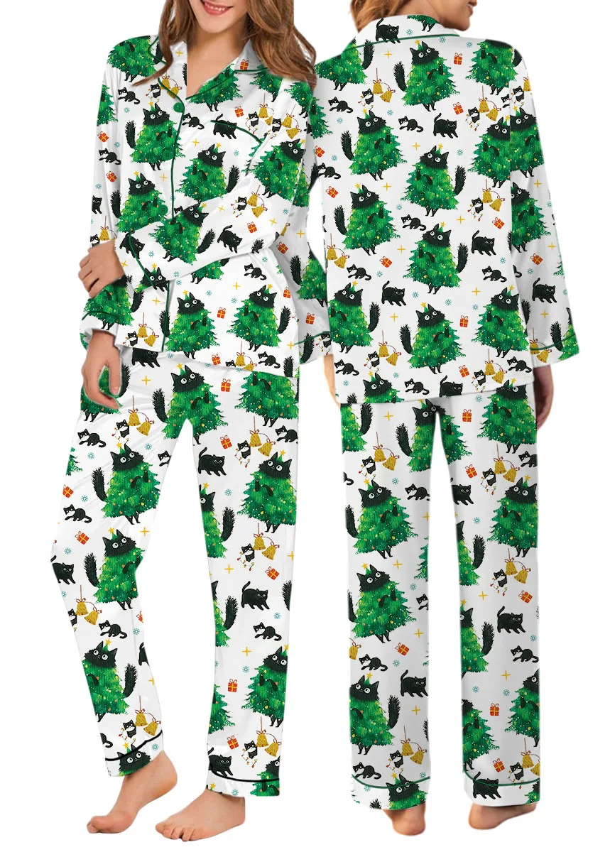 Merry Christmas Tree Black Cat Satin Pajamas Set For Women
