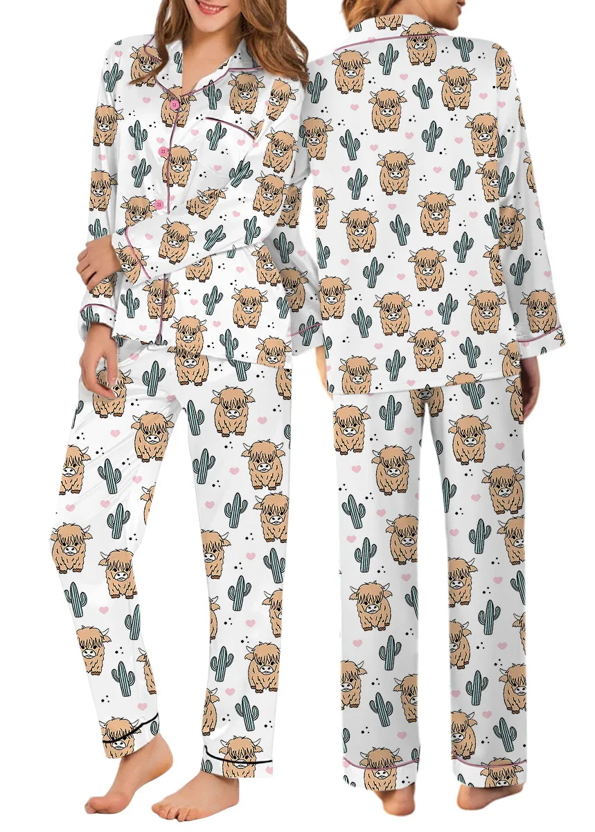 Women’s Western Cow Cactus Satin Pajama Set For Women