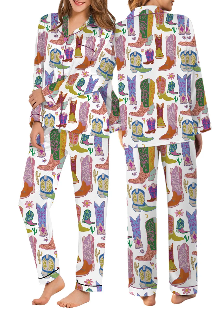Women’s Boho Cowboy Boots Satin Pajama Set, White Color, US Size S-5XL - Image 10